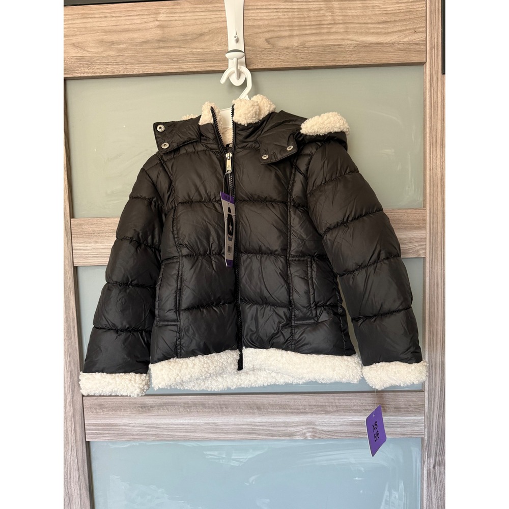 Sam Edelman Girls Black Puffer Jacket Sherpa Star Trim Hooded Coat XS 5/6 NEW